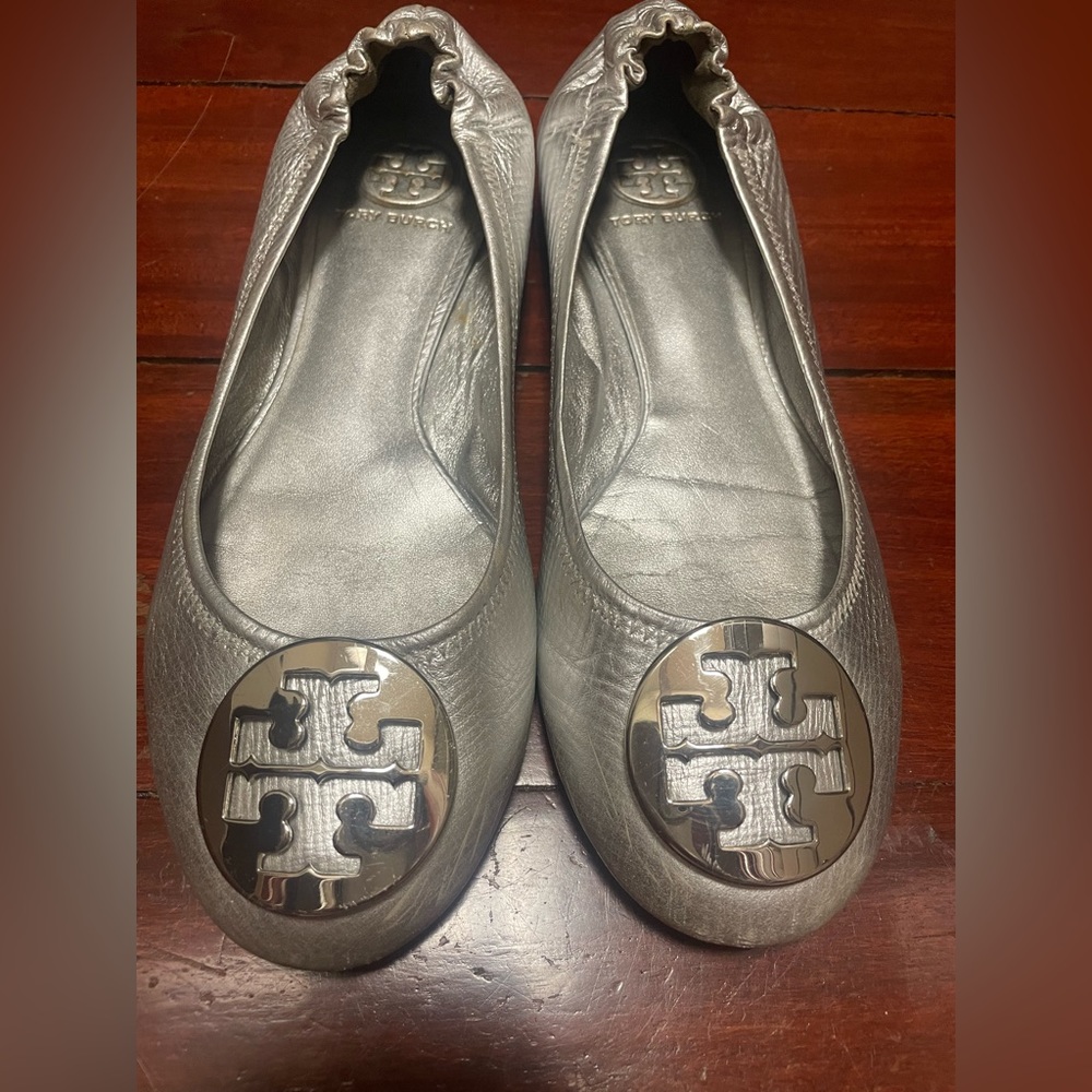 Tory Burch Minnie Travel Ballet Flat Leather Silver